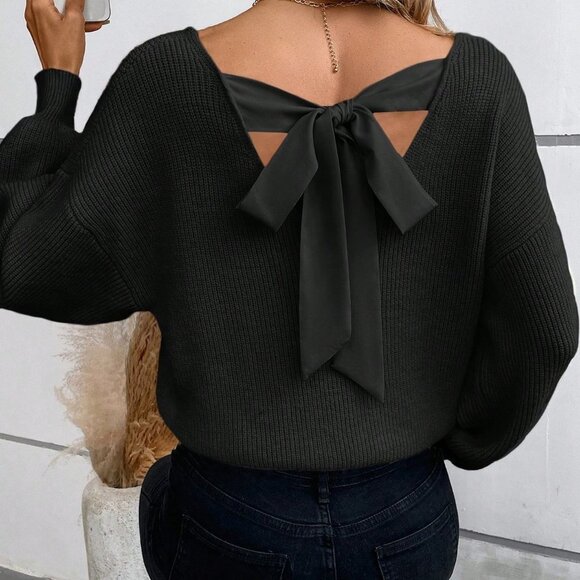 Black Casual Womens Back Strap Lantern Sleeve Sweater - Picture 3 of 5